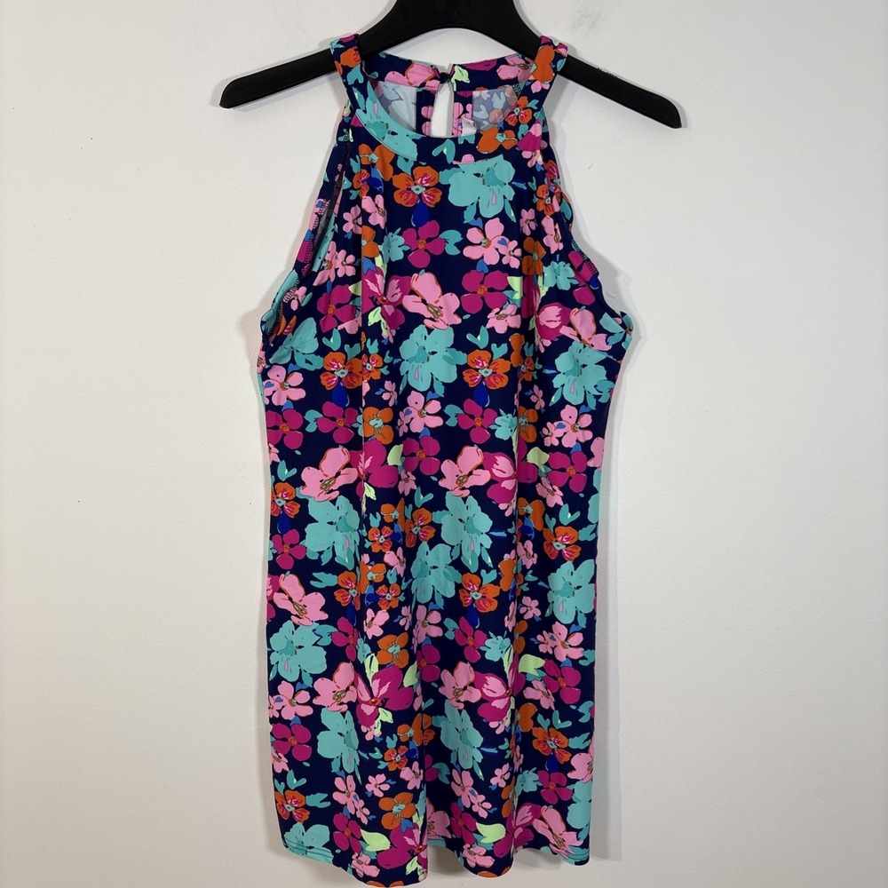 Areyah Multicolor Floral Halter Midi Dress Size Large Scalloped Edge Sleeveless - Picture 2 of 11